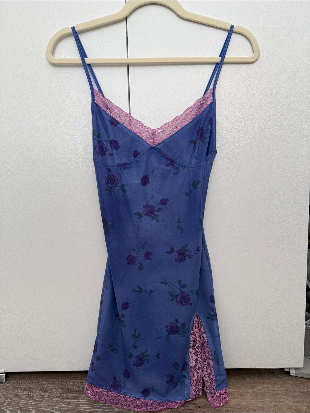 Motel Rocks Blue Floral Slip Dress with Pink Lace Trim